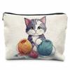 Creative Sewing Theme Print Makeup Bag Polyester Zipper Pouch Button Yarn Cat Pattern Organizer for Travel Daily Use 21.5x15cm