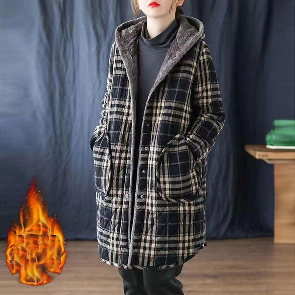 Giacca di Cotone a Righe Autunno Inverno Donna Caldo Peluche Ispessito Cappotto con Cappuccio Moda Largo Femminile Casual Soprabito Lungo