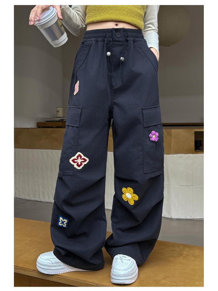 Girls' Autumn Casual Wide-Leg Cargo Pants with Korean Street Style and Trendy Embroidered Design