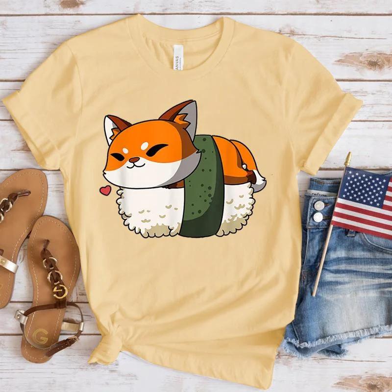 Harajuku T-shirts Sushi Fox Print Funny Cartoon T Shirt Women Ullzang Fashion T-shirt 90s Kawaii Tshirt Graphic Top Tees Female