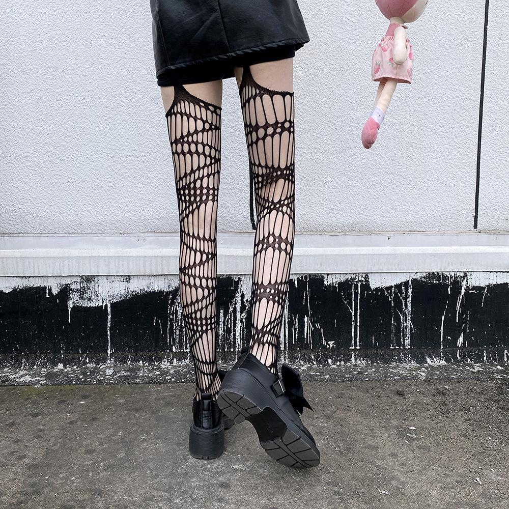 Japanese Style Sheer Black One-Piece Lace Garter Stockings with Open Crotch and Non-Slip Design