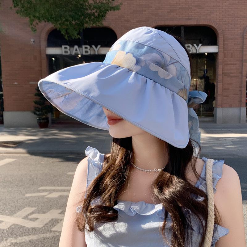 Summer Hat Women's New Printed Empty Top Hat Sunscreen Sun Hat Outdoor Travel Visor Bucket Hat Foldable