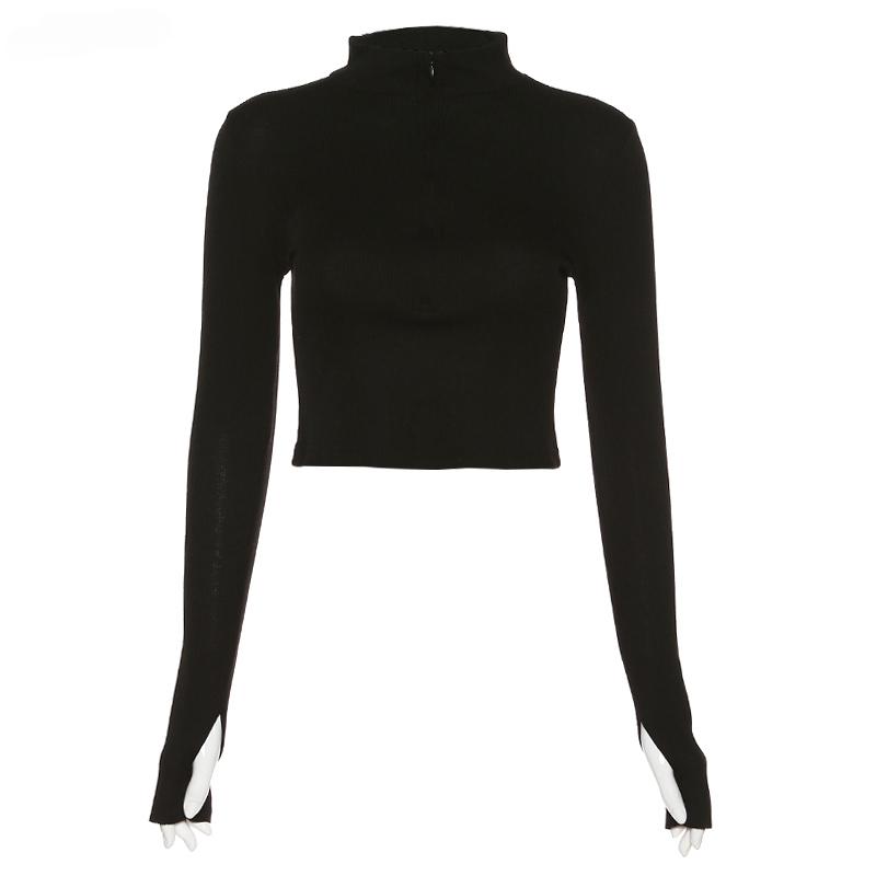 

2KWEIRD Повседневная одежда Y2k Кроп-топ с длинным рукавом Женская корейская мода В рубчик Вязаный На молнии Футболки Винтажный уличный стиль Топы Футболки L чёрный