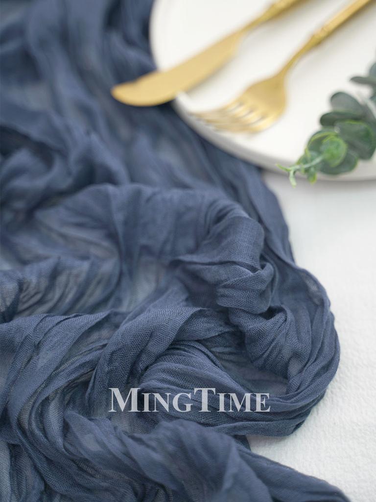 Elegant Pleated Semi-Sheer Gauze Table Runner in Dark Blue Creating Retro Wedding Party and Christmas Scenes Decoration