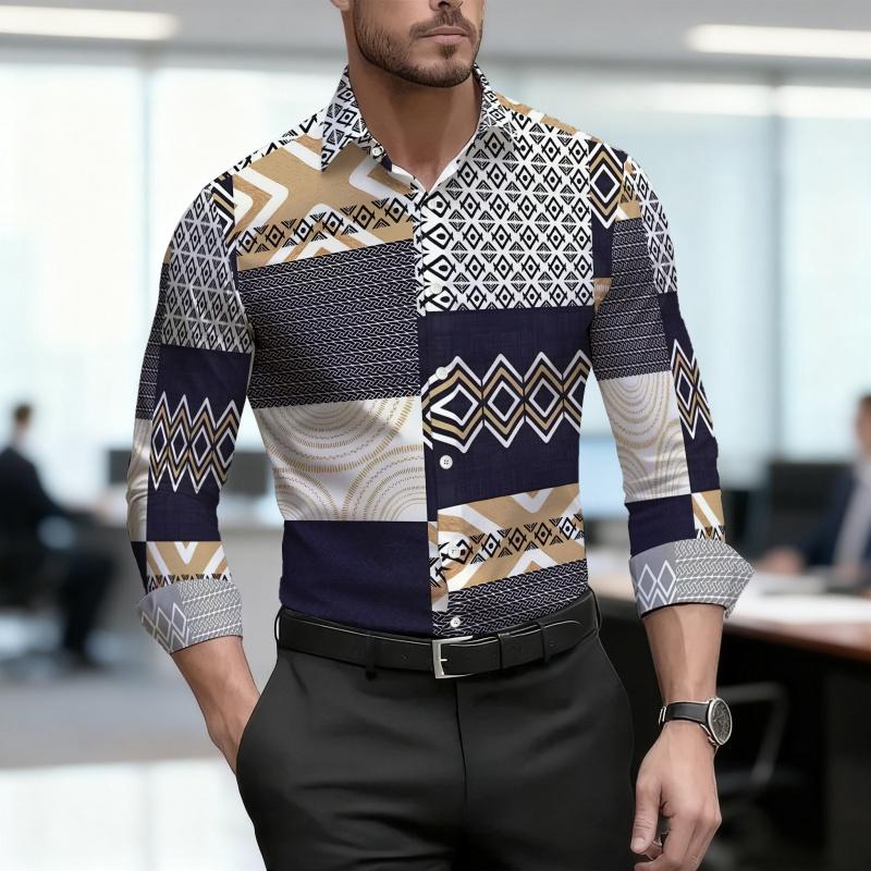 Men's Shirt, Ethnic Style Diamond Shaped Geometric Printed Long Sleeved Shirt, Business Casual Spring and Autumn Collar Shirt