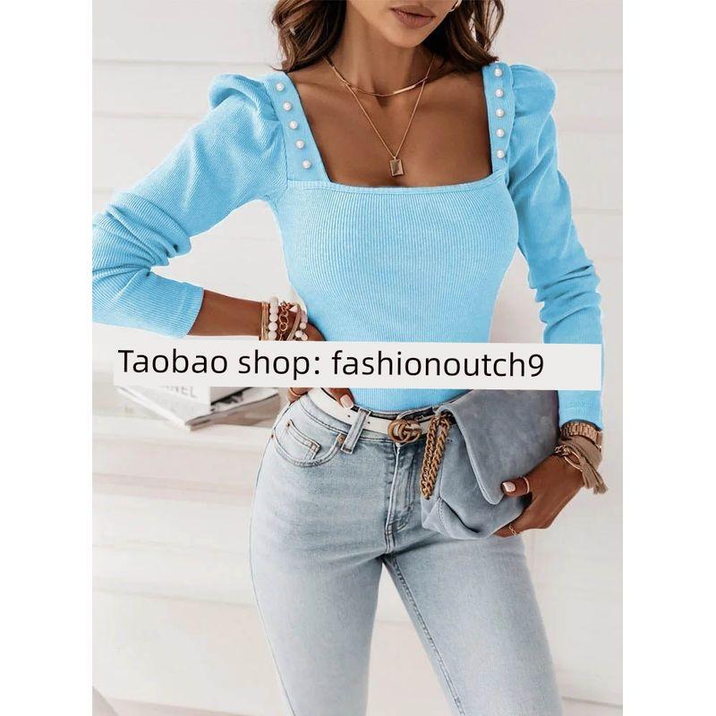 

Топ в рубчик с длинным рукавом и бусинами, однотонный, 2025 Sky Blue 2XL