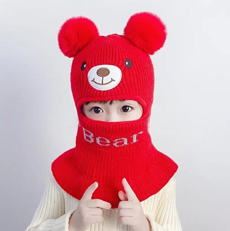 1-8Y Cozy Kids' Bear Ears Mask & Neck Warmer Hat with Pom-Pom Stretchable Winter Warm Coat Accessory for Boys & Girls