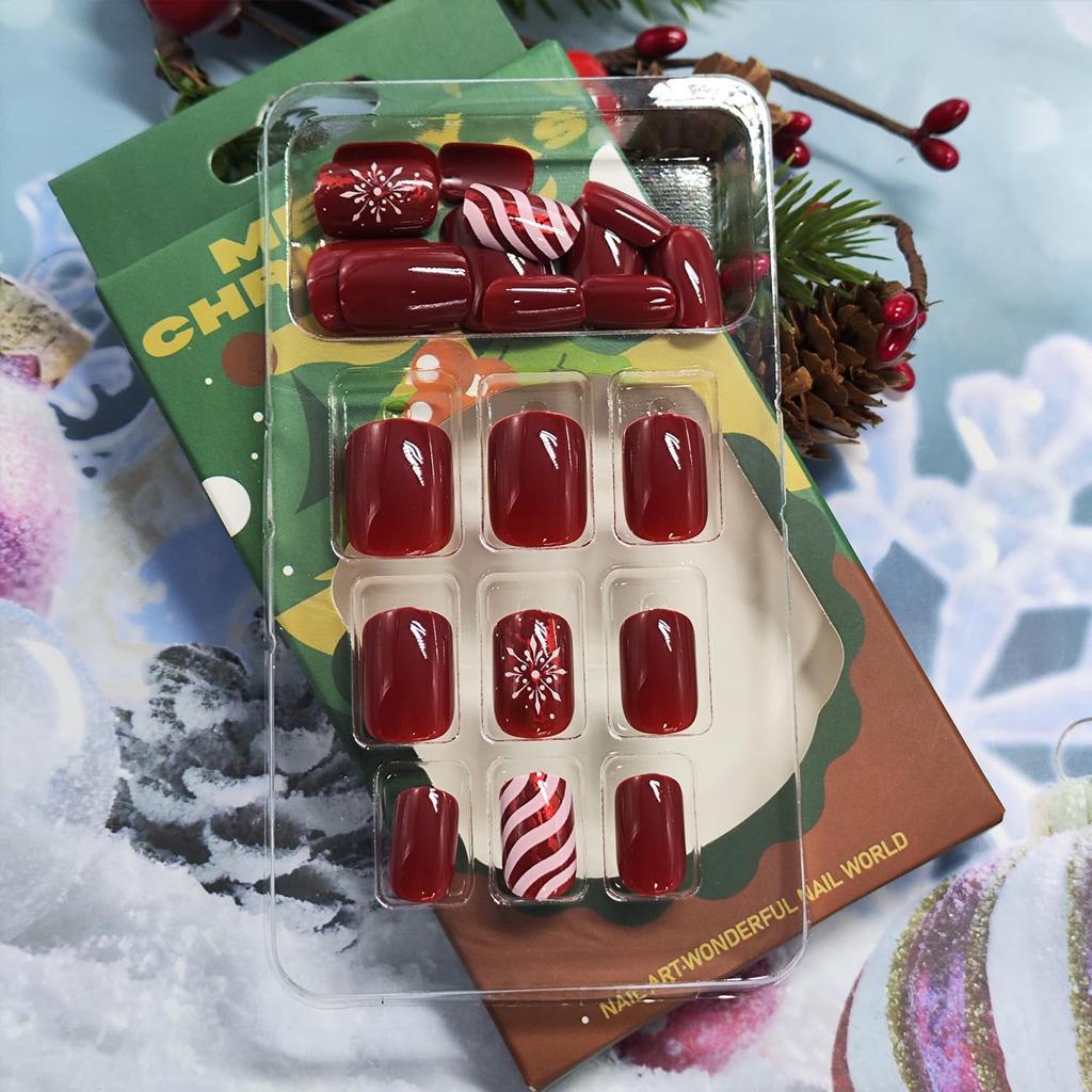 Christmas Press on Nails Short Square Red Fake Nails with Candy Cane Line Snowflake Glossy Designs Full Cover Press ons False Nails for Women 24 Pcs
