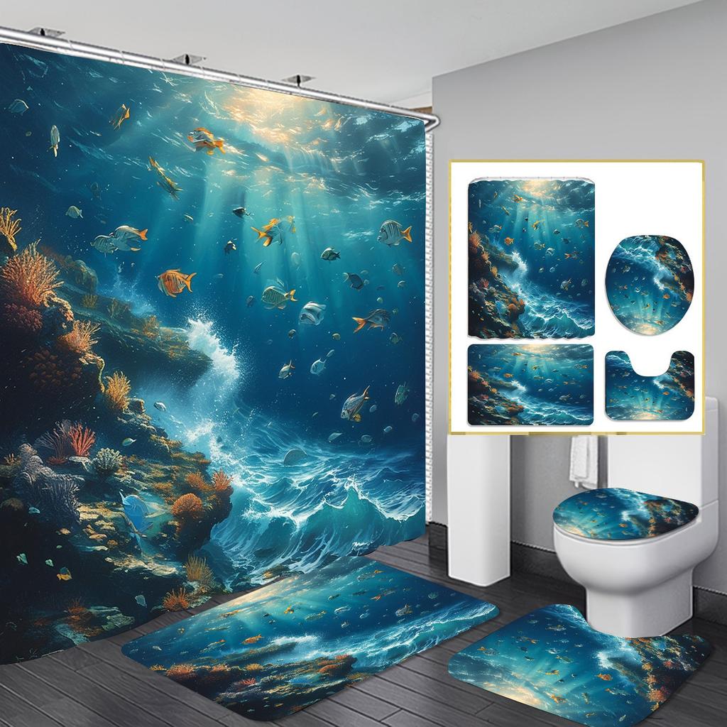 Christmas Shower Curtain Four-Piece Non-Punching Partition Curtain Digital Printing Bathroom Dress