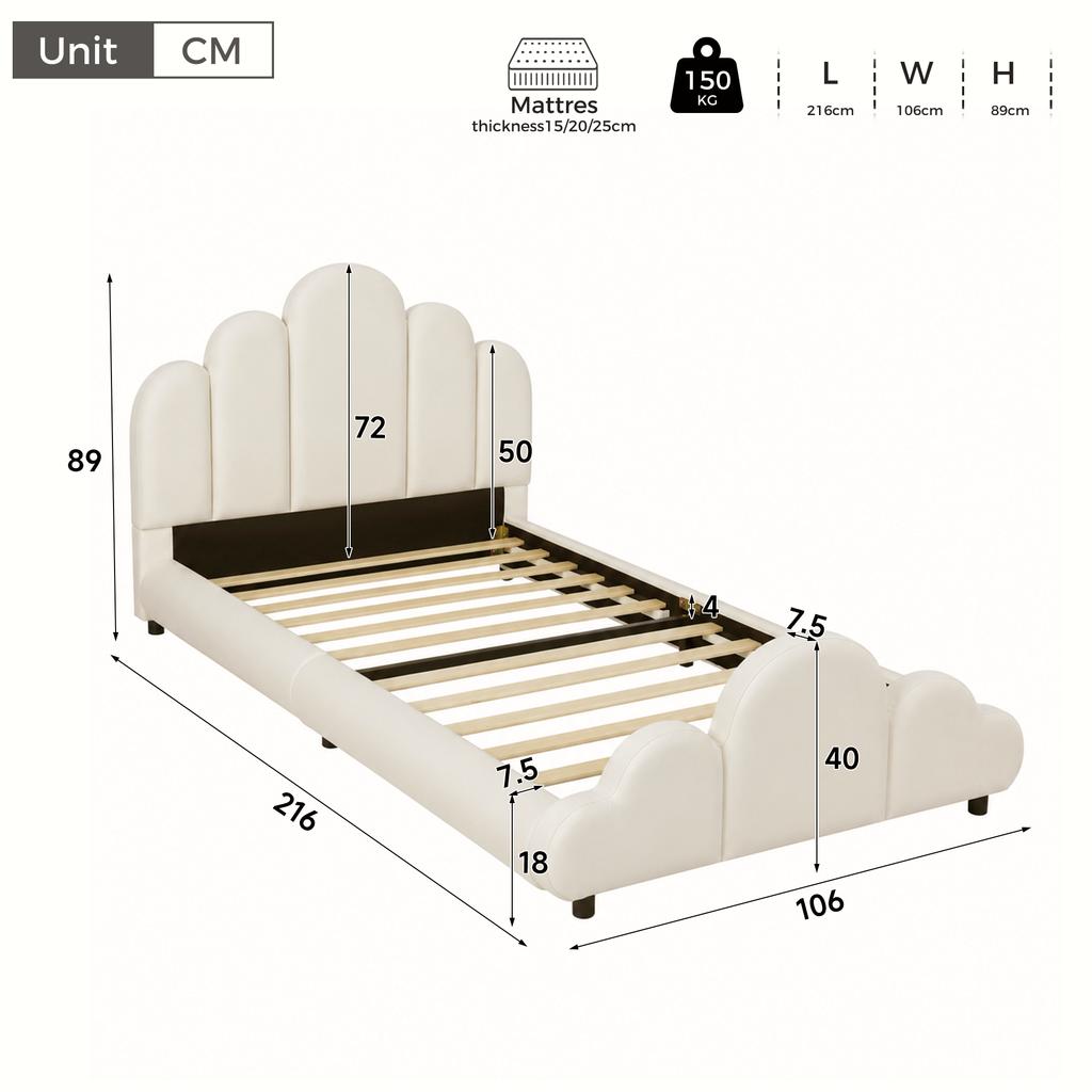 Letto imbottito, Letto singolo, Letto per bambini 90 x 200 cm, Letto con testiera imbottita, Angoli arrotondati, Velluto, Beige