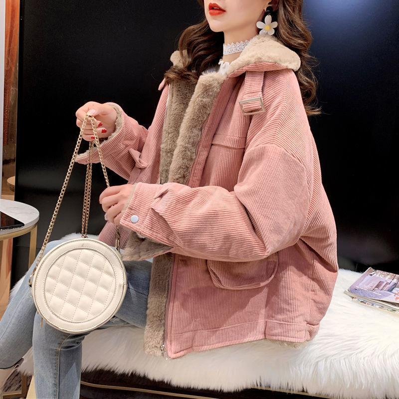 Vintage Corduroy Jacket Women Streetwear Oversized Lamb Wooln Coats Winter Ladies Korean Pockets Fleece Thicken Outwear Tops
