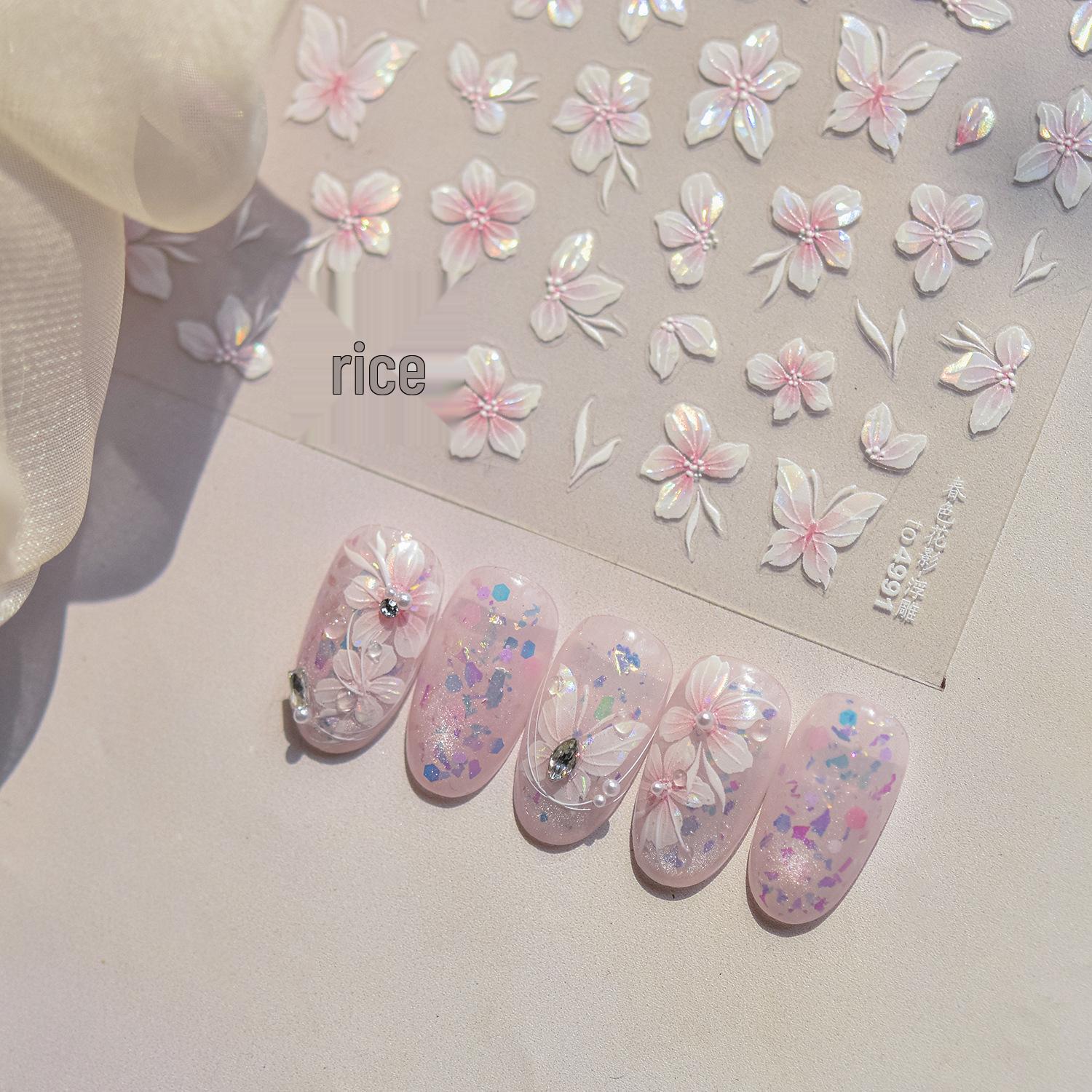 

Tomoni Iridescent Pink Flower Nail Stickers - Embossed Spring Style Mixed Models