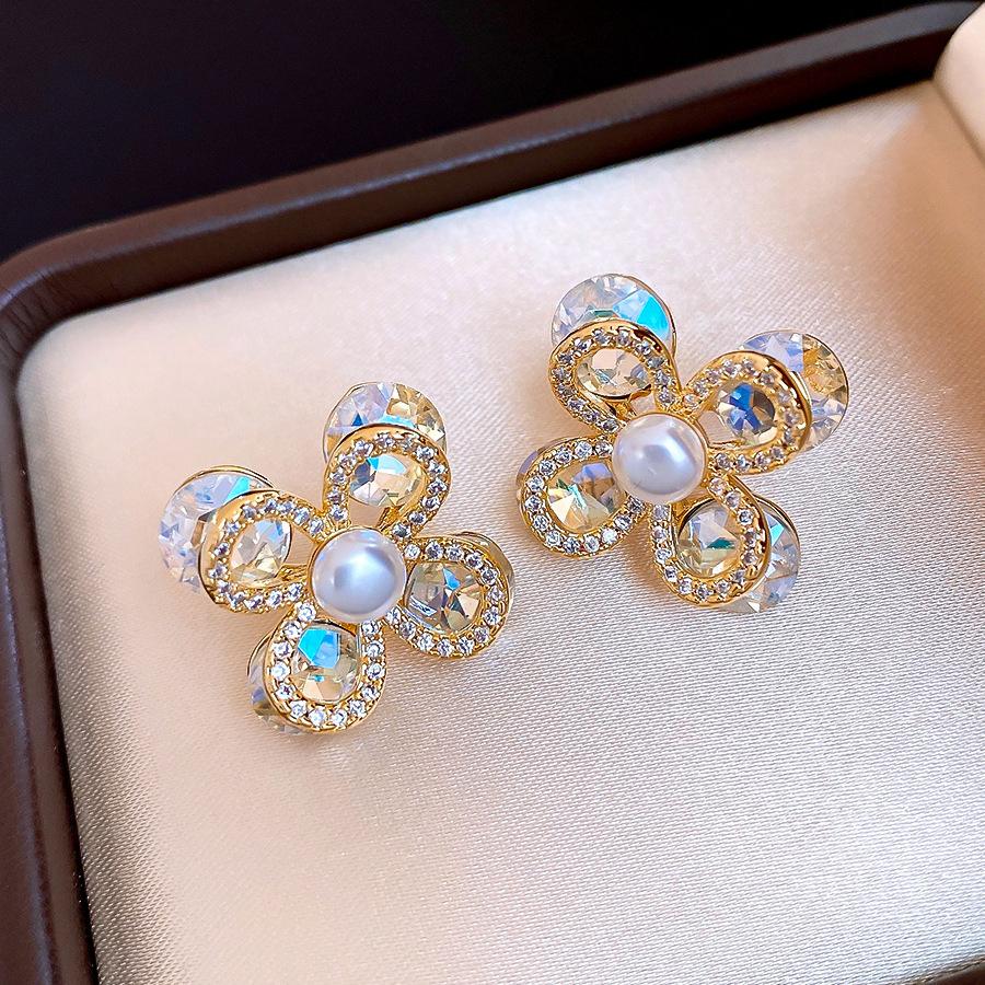 18k real gold electroplated super flash zircon flower pearl stud earrings exquisite earrings women