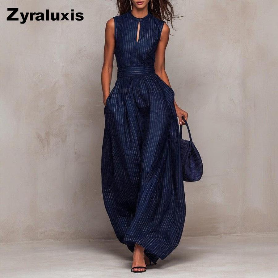 Tuta da Donna Senza Maniche a Righe Blu Scuro Wind, Vita Larga, Gamba Larga, Stile Lungo Elegante Moda