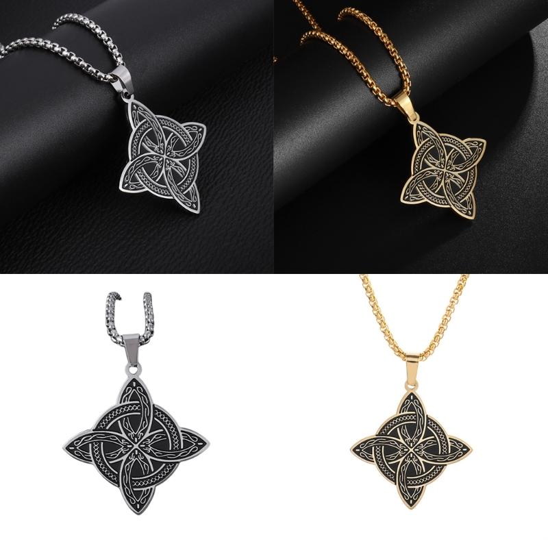 Witch Knot Pendant Necklace Celtics Irish Amulet Stainless Steel Square Chain Choker Pagan Witchcraft Luck Jewelry