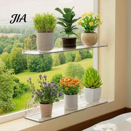 Wall Mounted Storage Rack Window Plant Shelf with Suction Cup And Protective Edge, Clear Acrylic Floating Sturdy Organizer Display Shelf, for