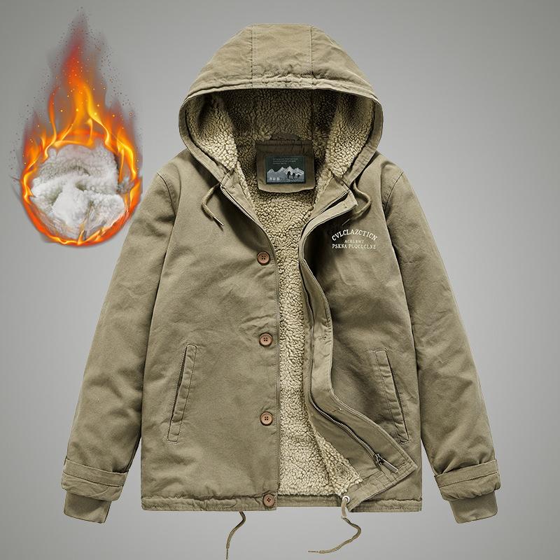Winter Cotton-padded Men's Casual Lamb Wool Cotton-padded Jacket Large Size Velvet Middle-aged and Young People Hooded Cotton-padded Clothes Retro
