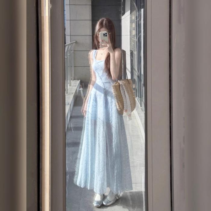 French Blue Square-Neck Spaghetti Strap Summer Dress for Women - Slim Waist, Gentle Fluffy Long Style Large изображения
