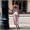 Elegant Knitted Long Dress Women Sleeveless Backless Slim A-line Solid Color Dresses
