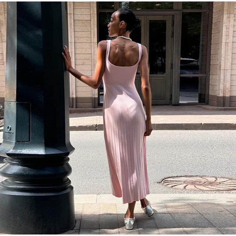 Elegant Knitted Long Dress Women Sleeveless Backless Slim A-line Solid Color Dresses