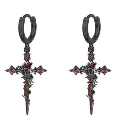 Hoop Gothic Cross Earrings with Thorn Rose Drop, Punk Rock Metal Ear for Men Women, Unisex Vintage Jewelry Gift