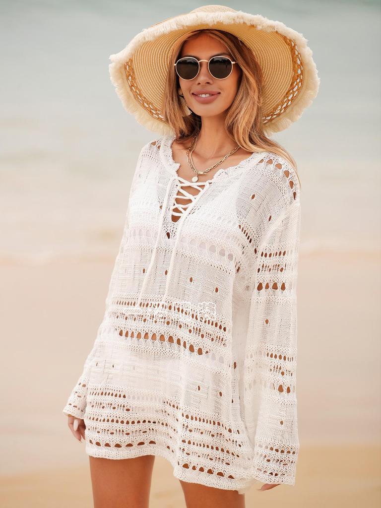 Women's Summer Hollow-Out Bell Sleeve Beach Dress with Texture
