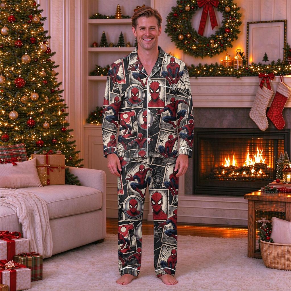 Christmas Parent-Child Matching Outfit with Stand Collar, Button Front and Festive Print