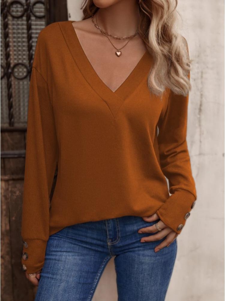 Fashion Women's Casual Tops Solid Color V-neck Loose Long-sleeved T-shirt Button Up Comfortable and Versatile T-shirt for Ladies