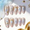 24-Piece Christmas Almond Cat Eye Nail Tips with Blue, Blush, Gold Foil & Bow Accents