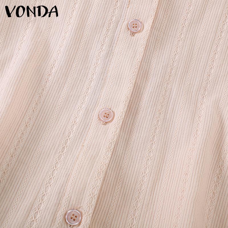 VONDA Women Fashion Solid Color Shirt Collar Striped Ruffle Long Sleeve Shirts