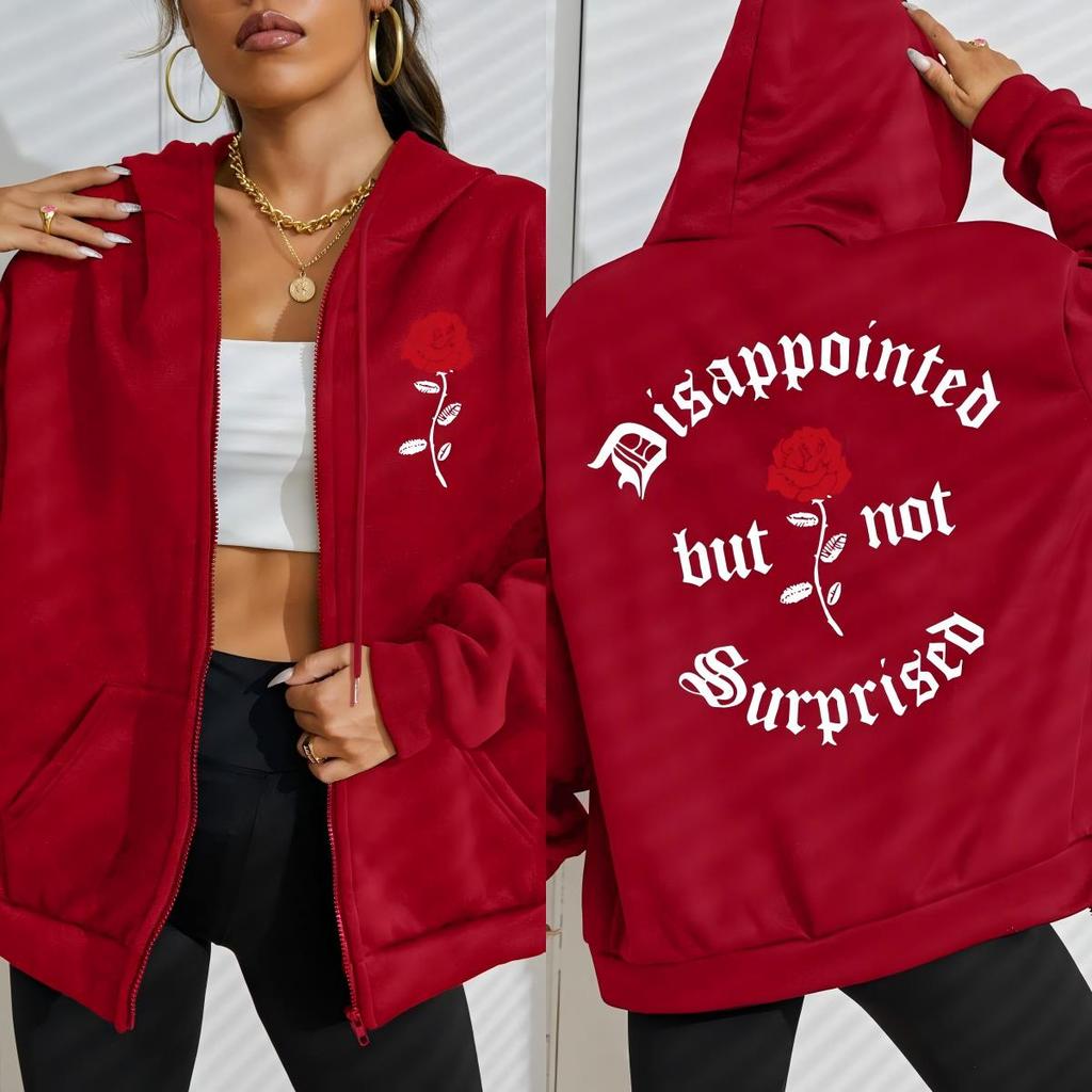 Disappointed But Not Surprised Rose Flower Print Zipper Hoodie Woman All-Match Hoody Autumn Pocket Clothes Loose Fleece Top