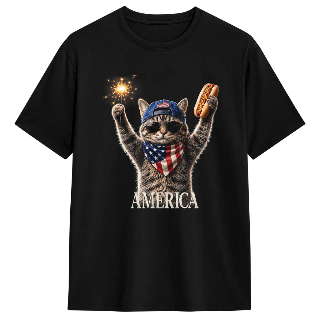 Unisex Retro Funny America Cat Hot Dog Lovers Patriotic US Flag TShirts Cotton Tops Summer Classic ShortSleeve T Shirt ONeck Tee