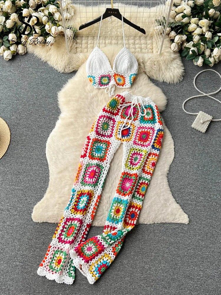 

Вязаные пляжные костюмы из двух предметов, женские мини-майки на бретелях + длинные брюки с эластичной резинкой на талии, уличная одежда, повседневные комплекты с вырезами One Size белый