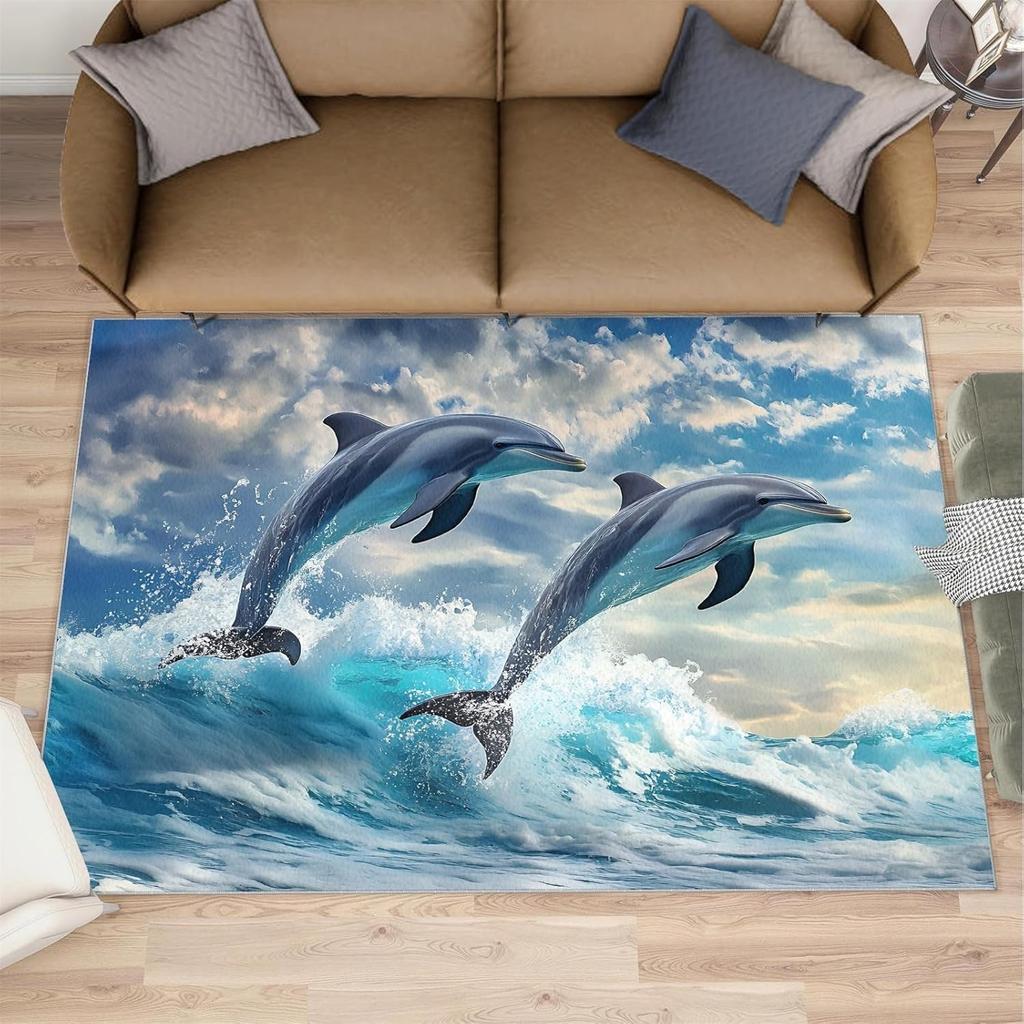 Dolphin Jumping Ocean Wave Print Carpet Nautical Theme Home Decor Rug Absorbent Anti-Slip Living Room Bedroom Hallway Decor Mat
