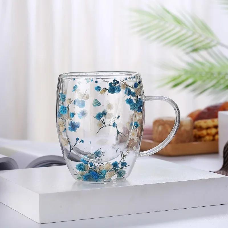250ml / 350ml Double Wall Glass Cup Dry Flowers Insulated Flowers Espresso Cup Coffee Mugs Dual Layered Glass Cups Dried Flowers