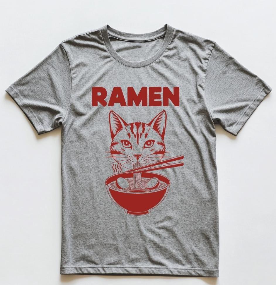 Ramen Cat T-Shirt – Cute Noodle Slurping Black Cat Tee, Retro Japanese Foodie
