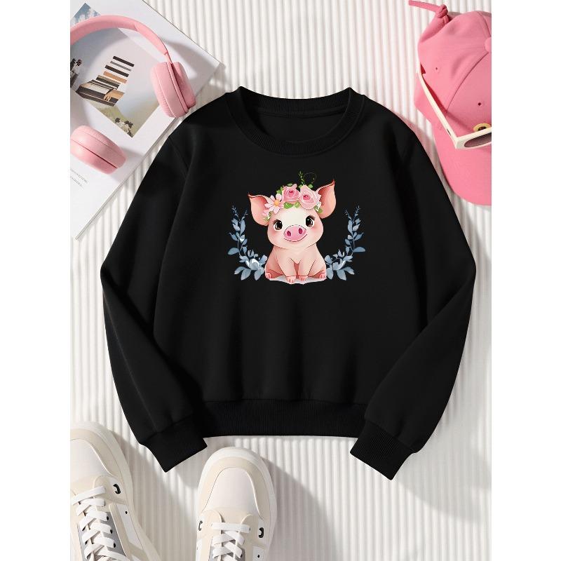 Girls' Crewneck Sweatshirt Cute Pig with Flower Crown And Leaves Machine Washable, Spring And Autumn