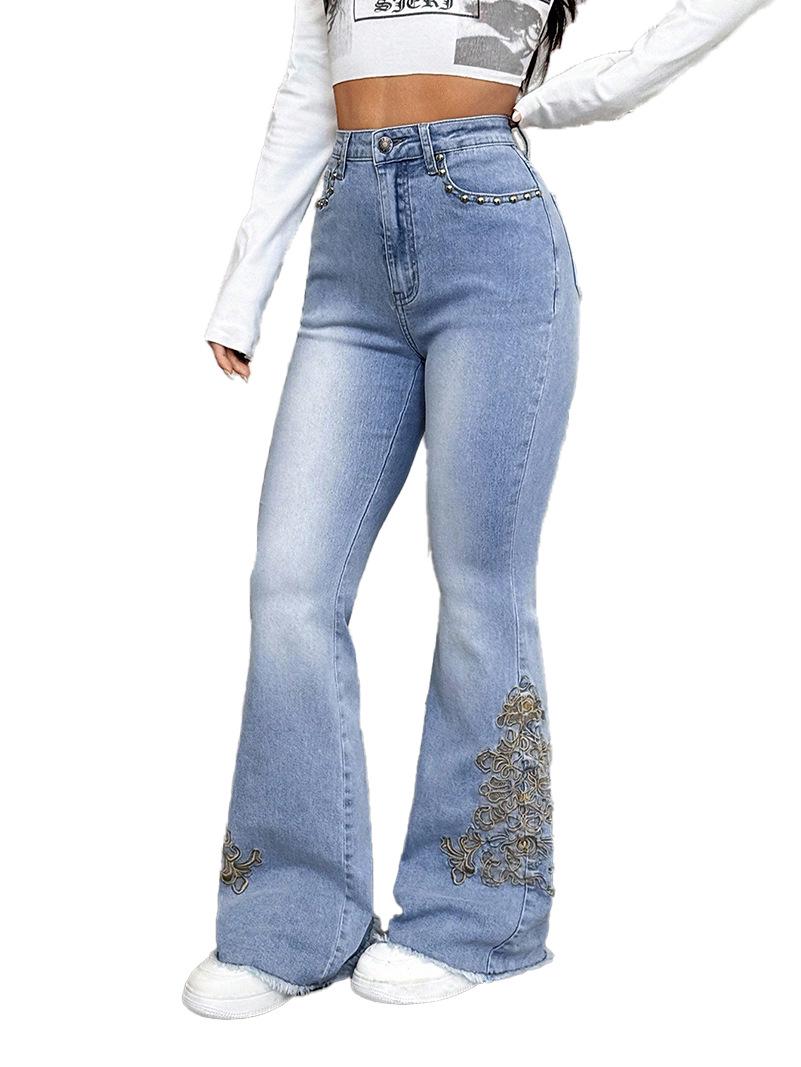 Women s Retro Spicy Girl Embroidered Frayed High-Waisted Micro-Flare Jeans S