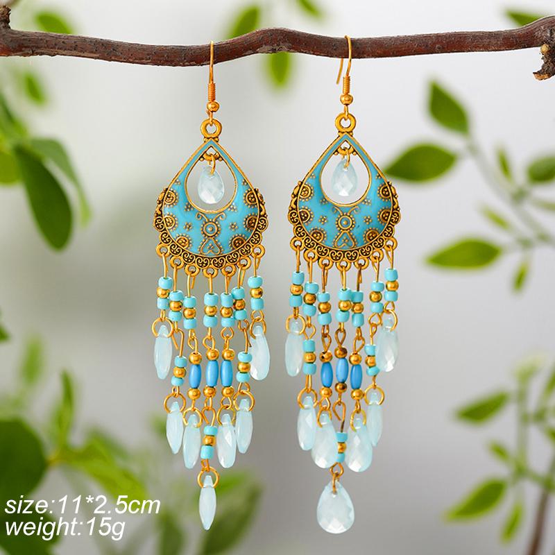 Blue Fashion Boho Temperament Water Drop Feather Earrings for Women Long Crystal Rhinestone Drop Oil Dangle Earring Jewelry
