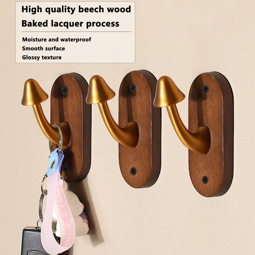 4 Pcs Mushroom Hooks, Mushroom Coat Hooks Wooden Base with Zinc Alloy Hooks To Highlight Vintage Feeling, Decorative Wall Hook Hooks for Hanging Coat