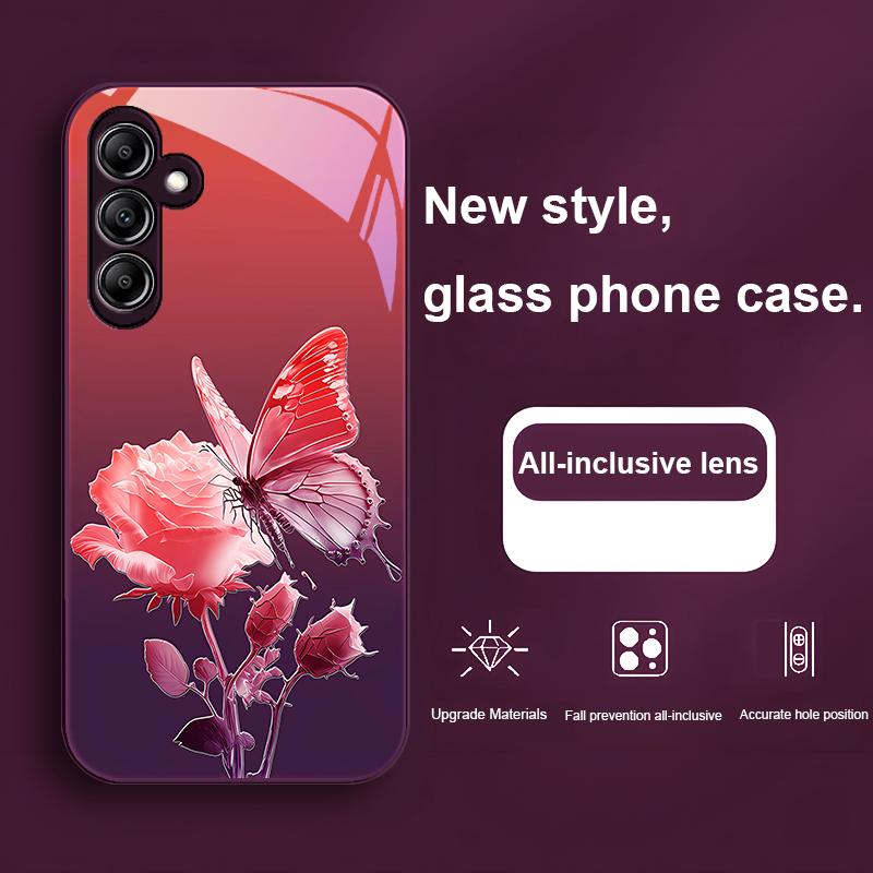 Glass Phone Case For Samsung Galaxy A01 A02 03 Core A04 A14 4G A13 54 34 31 20 25 23 22 5G S21 Ultra S20 Butterfly Gradient Blue