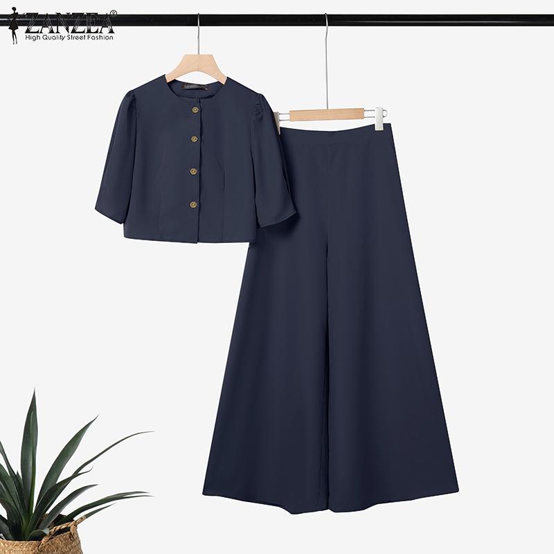 ZANZEA Dame Casual Kort Erme Bluse og Bukser med Vide Ben Sommer Todelt Draksett