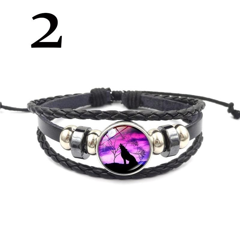 Black Leather Bracelet Wolf Head Glass Metal Buckle Punk Jewelry Weave Multilayer Bracelet Charm Wo