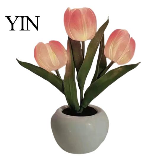 Decorative LED Tulip Lamp Flower Table Lamp, Battery Powered Artificial Night Light with Ceramic Pot, Floral for Bedroom Bedside Home Wedding
