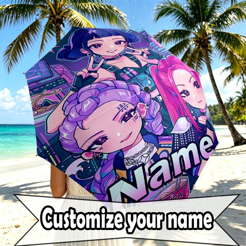Custom Name Personalized Demon Hunters Kpop Print Umbrella, Auto Open Close, 8‑Rib Sturdy Frame, Commute Camping Hiking Use, Birthday Gift