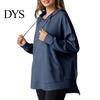 Waffle Texture Women Hoodie Fall Spring Big Pocket Drawstring Hooded Loose Slit And Autumn For Hem Pure Color Knitted Sportwear Top Warm Winter