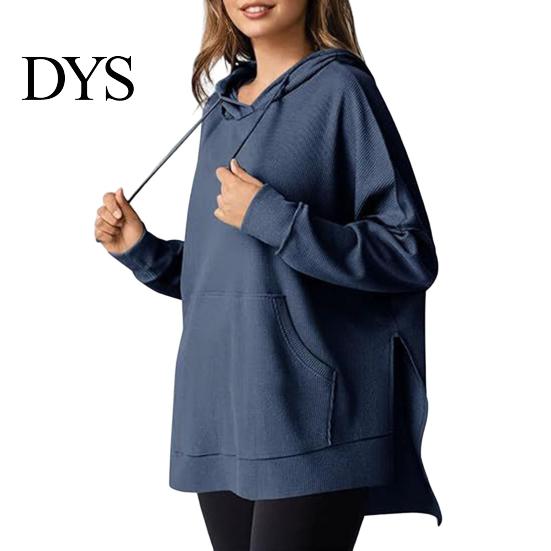 Waffle Texture Women Hoodie Fall Spring Big Pocket Drawstring Hooded Loose Slit And Autumn For Hem Pure Color Knitted Sportwear Top Warm Winter