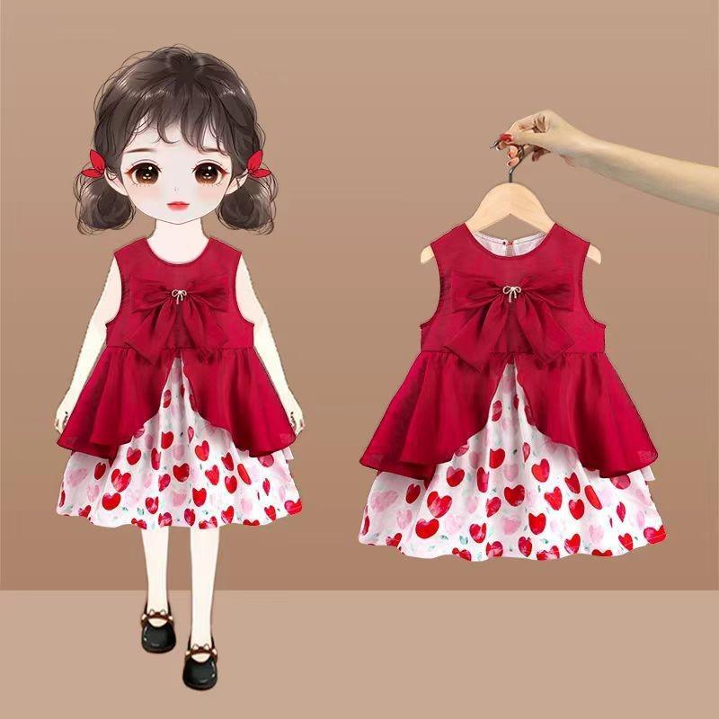 Girls Red Festive New Year Dress Summer Stylish Baby Sleeveless Party Gown