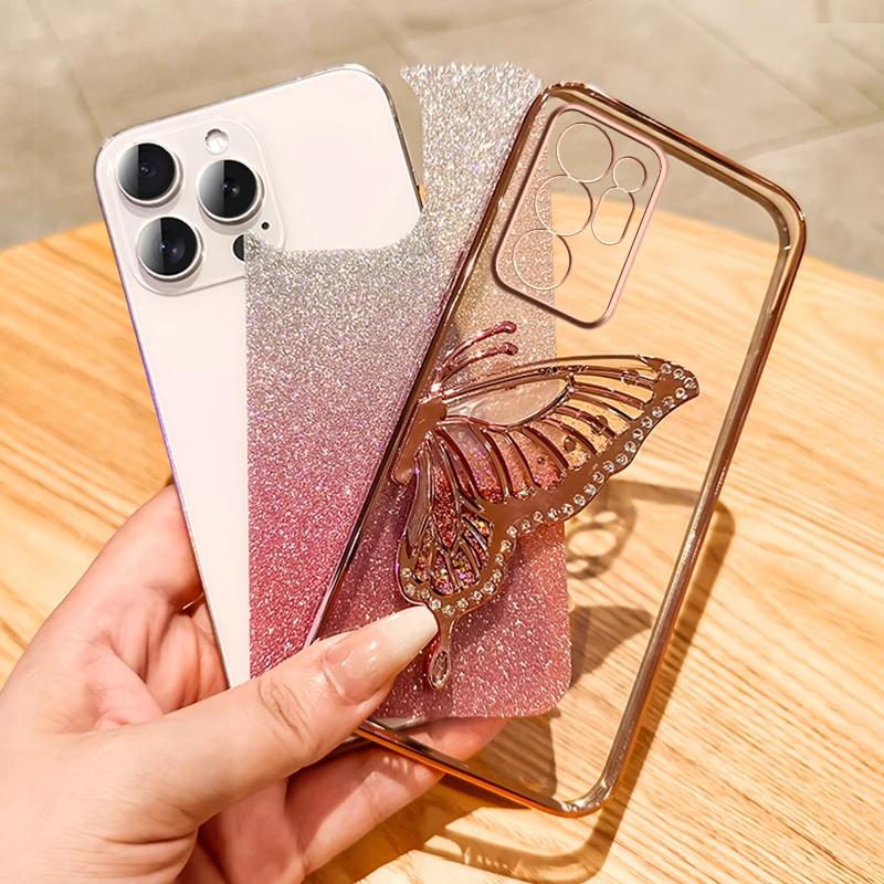 3D Butterfly Glitter Phone Case for Samsung Galaxy Note 20 Ultra Note 10 Plus Note 8 9 Camera Protection Black Cover