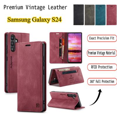 Premium Vintage Leather Wallet Case for Samsung Galaxy S24 - Flip Cover with Card Slots, Shockproof Retro Style (4 Colors)
